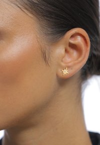 Goldstern-förmiger Ohrstecker mit einem zentralen Edelsteinakzent. Glatte Metalloberfläche mit reflektierendem Finish, entworfen für Ohrlöcher.