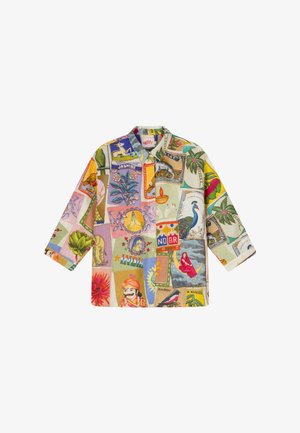 Kleurrijk overhemd met lange mouwen en knopen, voorzien van diverse geïllustreerde badges van dieren, planten, mensen en decoratieve motieven.