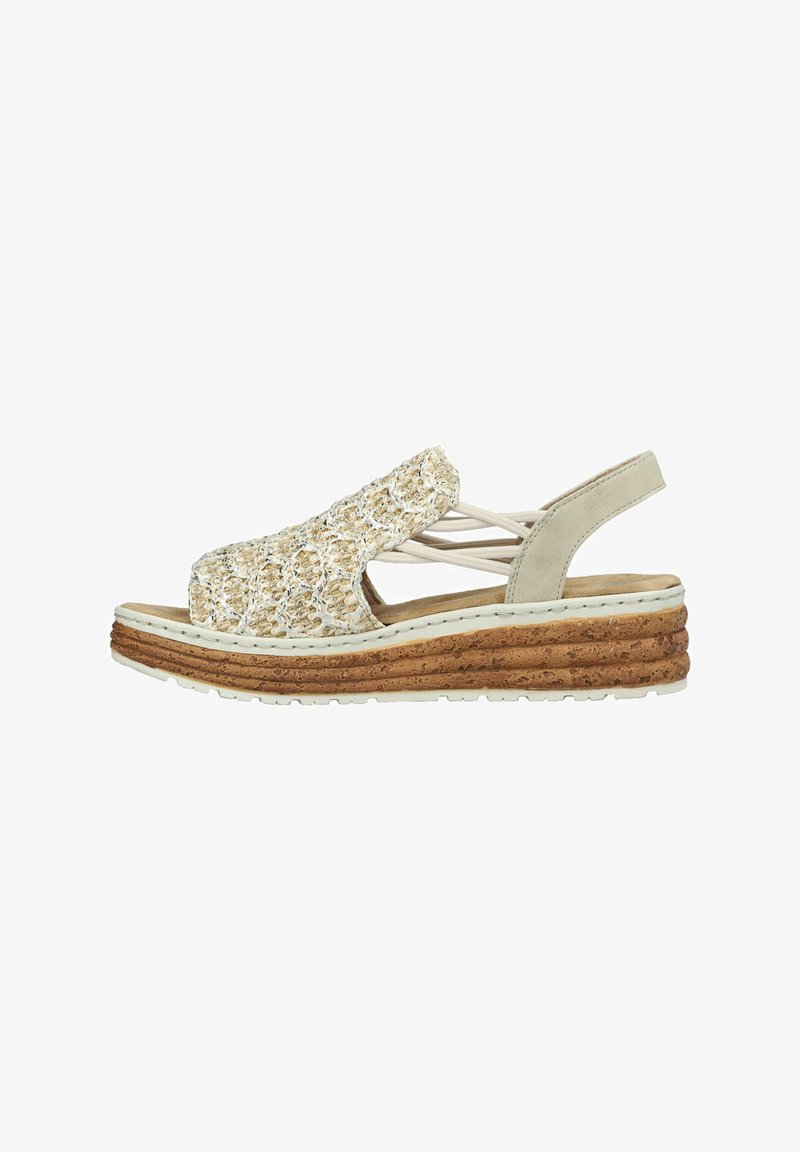 Beige wedge sandal with woven textile upper, open toe design, elastic straps, and textured cork-like sole. White stitching detail visible.