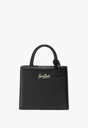 Borsa a mano in pelle nera con doppi manici, logo dorato "Saint Barth" e etichetta quadrata in pelle abbinata attaccata a un manico.