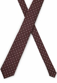 Cravatta in cotone bordeaux con una finitura testurizzata e piccoli motivi floreali bianchi. Estremità affusolata con punta appuntita, caratterizzata da un design tradizionale.