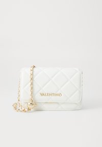 White quilted Valentino purse with gold chain strap and gold logo centered on front flap against a plain light background.