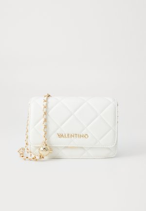 White quilted Valentino purse with gold chain strap and gold logo centered on front flap against a plain light background.
