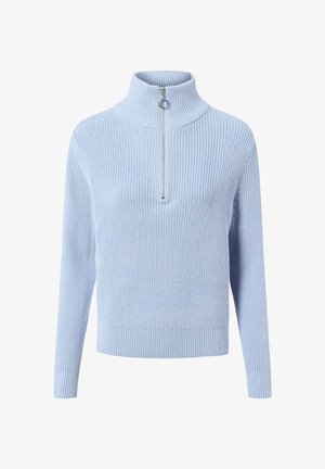 Lichtblauwe, gebreide trui met een hoge kraag en een ritssluiting. Heeft ribgebreide manchetten en zoom, met een gestructureerd patroon overal.