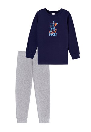 Navy long-sleeve top with a skateboard graphic; gray tapered sweatpants. Both made of soft, stretchy fabric for comfort.