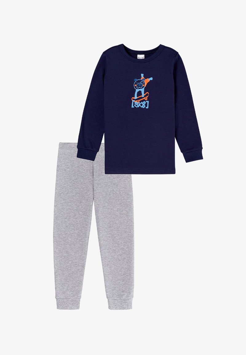 Navy long-sleeve top with a skateboard graphic; gray tapered sweatpants. Both made of soft, stretchy fabric for comfort.