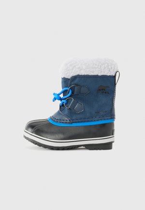 Navyfarbene und schwarze wasserdichte Winterstiefel mit Kunstfellfutter, blauen Akzenten, zwei verstellbaren Riemen und einer strukturierten Gummisohle.