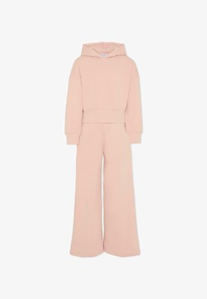 Completo in cotone rosa composto da una felpa corta con tasca a marsupio e pantaloni a gamba larga con cintura elastica.