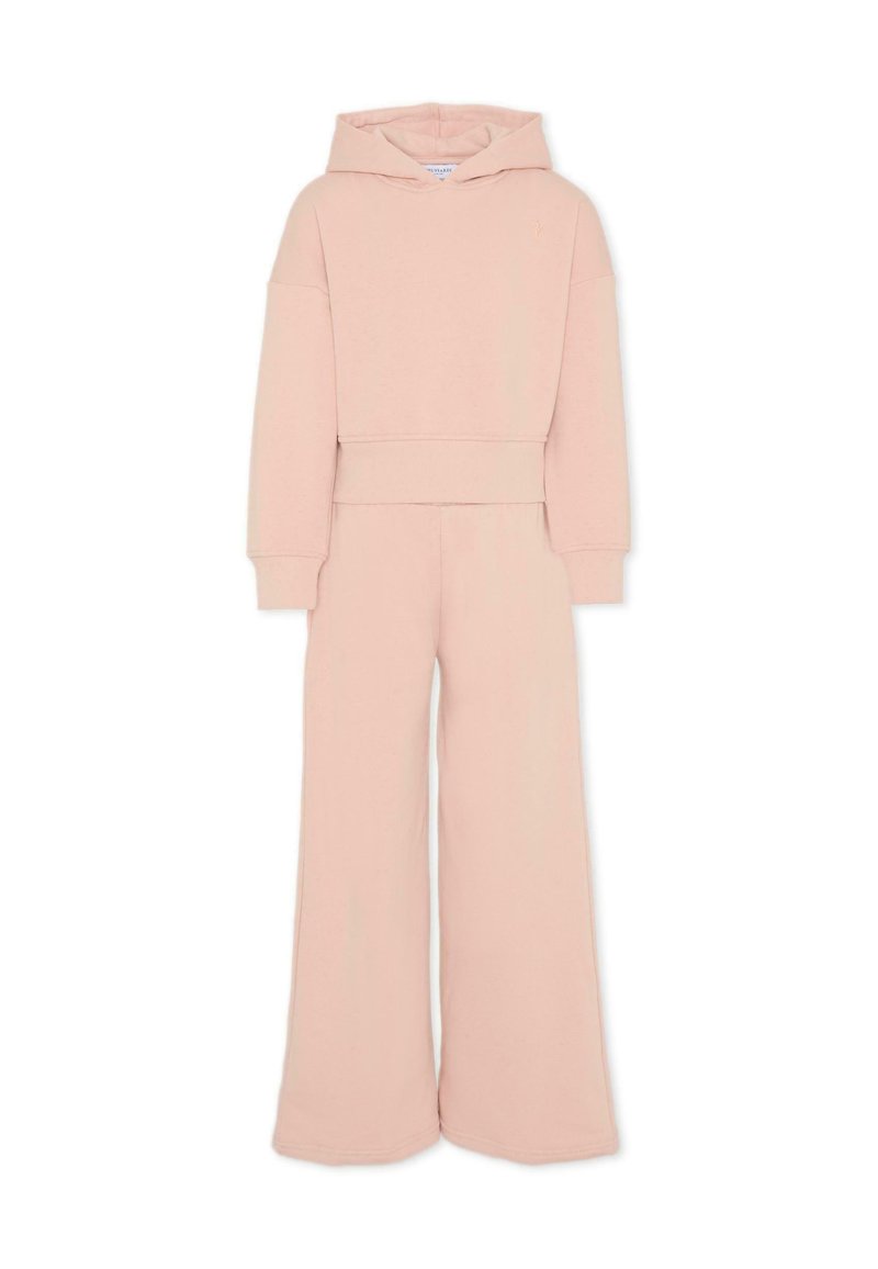 Ensemble en coton rose comprenant un hoodie court avec une poche kangourou et un pantalon large avec une taille élastique.