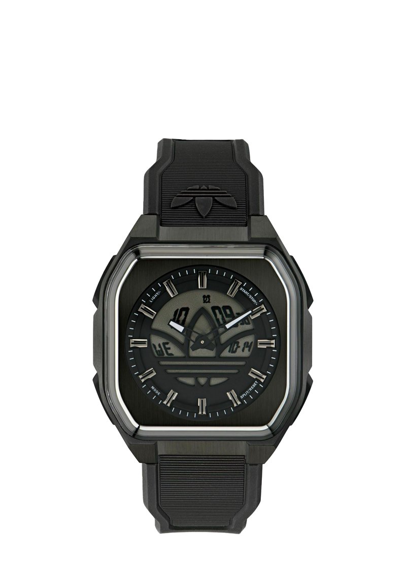 Black digital-analog wristwatch with square face, rubber strap, and Adidas trefoil logo integrated into the dial design.