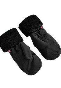 Mănuși negre cu un manșon pufoasă și texturat și material exterior neted. Include un design quiltat și o curea ajustabilă.