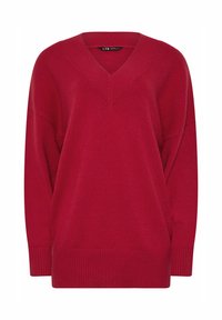 Roter gestrickter Pullover mit V-Ausschnitt, überschnittenen Schultern und geripptem Saum. Weiche Textur, lockere Passform und nahtlose Verarbeitung.