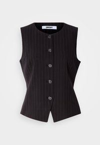 Gilet nero senza maniche con motivo a righe sottili, caratterizzato da un collo rotondo e cinque bottoni frontali, vestibilità sartoriale con una leggera svasatura all'orlo.