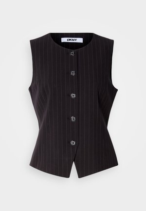 Gilet sans manches noir avec motif à rayures, présentant un col rond et cinq boutons à l'avant, coupe ajustée avec une légère évasement au niveau de l'ourlet.