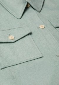 Maglione in felpa verde chiaro con colletto a punta, due tasche sul petto e bottoni beige a contrasto. Texture morbida con dettagli di cucitura visibili.