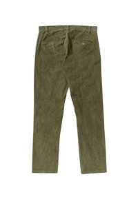 Corduroy trousers in olive green, featuring a straight-leg design, two back pockets with buttons, and textured fabric.