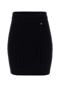 Zwarte gebreide rok met kabelpatroon, geribde tailleband en getailleerde vorm. Het materiaal lijkt zacht en gestructureerd, geschikt voor casual kleding.