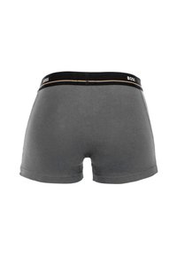 Caleçons gris avec une texture lisse, dotés d'une ceinture noire avec des accents dorés et du nom de la marque "BOSS" imprimé dessus.