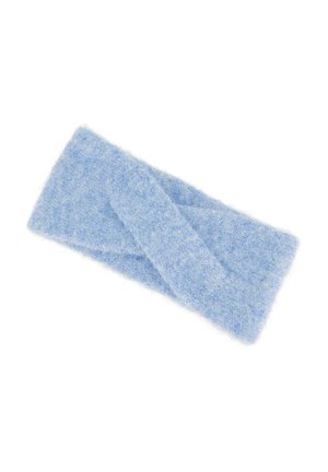 Soft light blue knitted headband with a twisted design in the center, suitable for cold weather.
