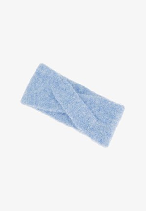 Soft light blue knitted headband with a twisted design in the center, suitable for cold weather.