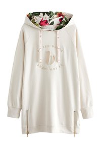 Helle beigen Kapuzenpullover mit einem floral gemusterten Innenfutter, Kordelzug am Hals, geprägtem Logo und seitlichen Taschen mit Reißverschluss.