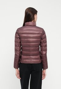 Mīksto jaku mauve krāsā ar augstu apkakli, ar horizontālu šuvēm un pieguļošu siluetu. Audumam ir spīdīga tekstūra.