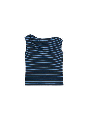 Schwarzes trägerloses Top mit horizontalen hellblauen Streifen und einem sanft drapierten Ausschnitt.