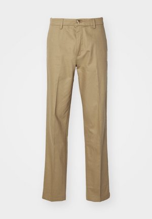 Pantaloni bej dintr-un material neted. Design cu picioare drepte și închidere cu un buton. Au bucle pentru curea și un croi clasic pentru o potrivire versatilă.