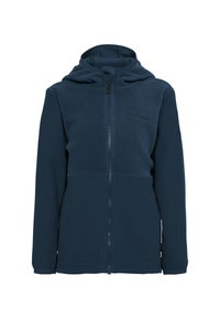Giacca in pile blu navy con zip frontale, cappuccio e pannelli testurizzati a contrasto sul petto. Presenta un dettaglio del logo vicino alla zip.