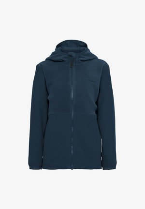 Veste en polaire bleu marine avec fermeture éclair sur le devant, capuche et panneaux texturés contrastés sur la poitrine. Détails du logo près de la fermeture éclair.