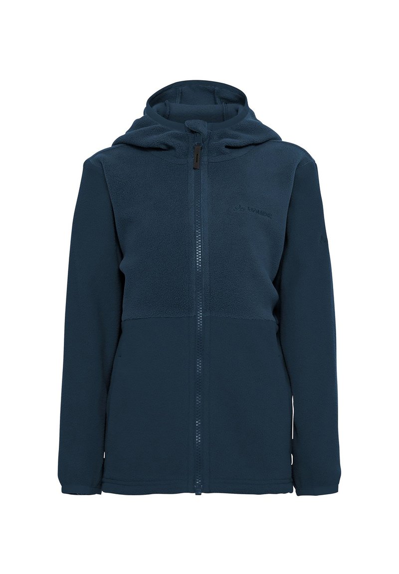 Giacca in pile blu navy con zip frontale, cappuccio e pannelli testurizzati a contrasto sul petto. Presenta un dettaglio del logo vicino alla zip.