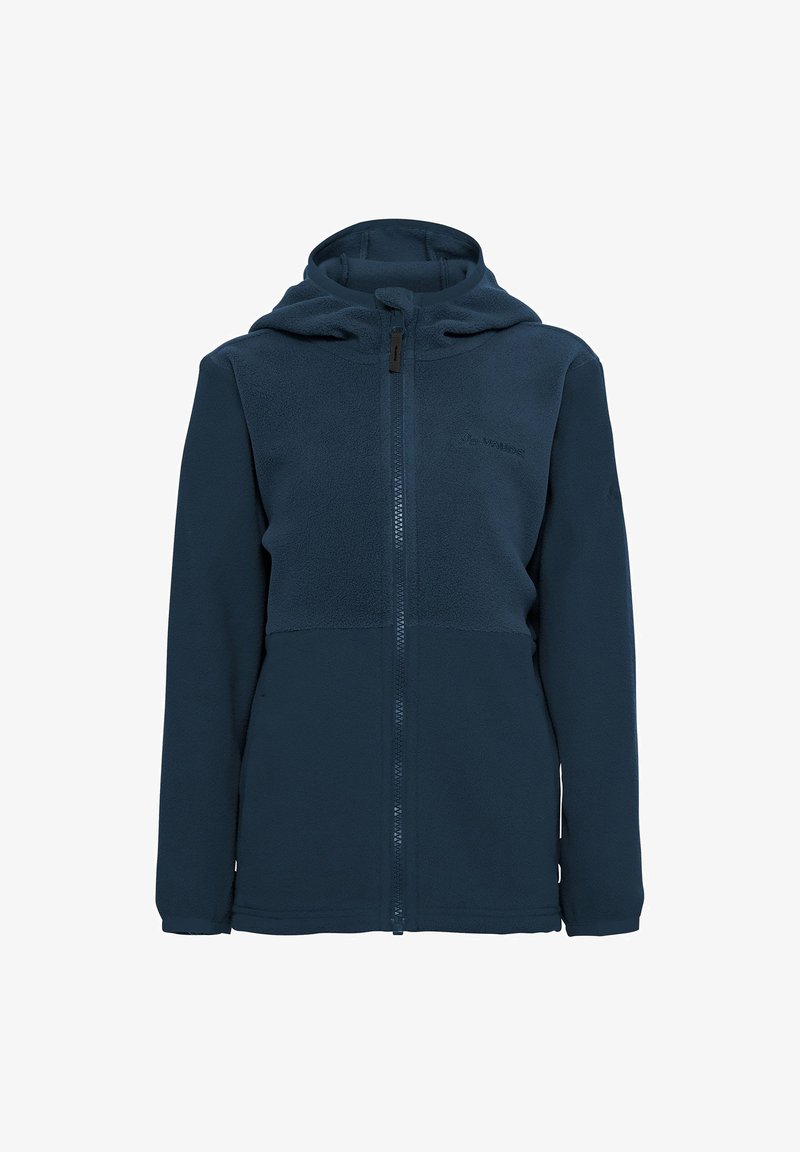Giacca in pile blu navy con zip frontale, cappuccio e pannelli testurizzati a contrasto sul petto. Presenta un dettaglio del logo vicino alla zip.