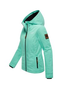 Mint green waterproof jacket with a hood. Features a front zip, side pockets with black zippers, and a brown leather patch on the sleeve.