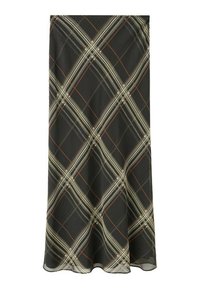 Falda midi negra con un patrón de cuadros en beige y óxido, tela suave, forma en A y diseño fluido, ideal para uso casual.