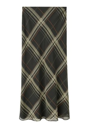 Czarna spódnica midi w beżowo-rdzawą kratę, gładki materiał, krój w kształcie litery A, lekko opadająca, idealna na co dzień.