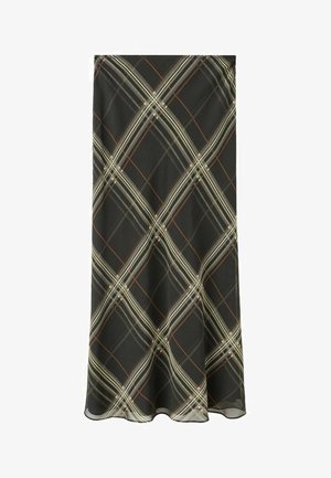 Czarna spódnica midi w beżowo-rdzawą kratę, gładki materiał, krój w kształcie litery A, lekko opadająca, idealna na co dzień.