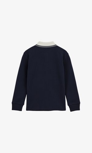 Polo a maniche lunghe blu navy con colletto a coste bianco con strisce scure, realizzato in morbido cotone. Nessun dettaglio visibile sul davanti.