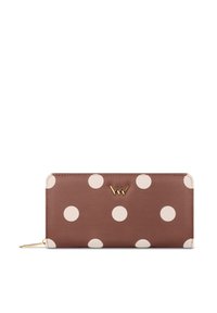 Brown leather wallet featuring large cream polka dots, gold hardware logo, and a zip closure. Smooth texture and rectangular shape.