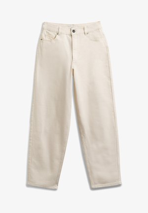 Beżowe bawełniane spodnie o luźnym kroju, z zapięciem na guzik, pięcioma kieszeniami i prostymi nogawkami. Miękka tekstura, minimalistyczny design.