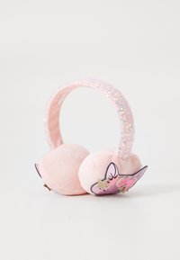 Cuffie in morbido tessuto rosa con un archetto coperto di paillettes, dotate di padiglioni auricolari rotondi decorati con un motivo colorato e dettagli a stella.
