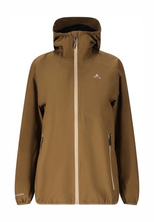 Braune wasserdichte Kapuzenjacke mit Frontreißverschluss, zwei Reißverschlusstaschen, elastischen Bündchen und kleinem Logo auf der Brust und am Ärmel.