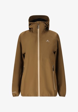 Brun vandtæt hættetrøjejakke med forreste lynlås, to lynlåslommer, elastiske manchetter og lille logo på bryst og ærme.