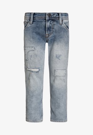 Vybledlé modré džíny z denimu s opotřebováním, se záplatami, rovného střihu, pětipocketovým designem a knoflíkovým zapínáním v pase.