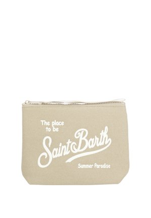Bustina beige con zip con testo bianco sul davanti che recita "The place to be Saint Barth Summer Paradise".