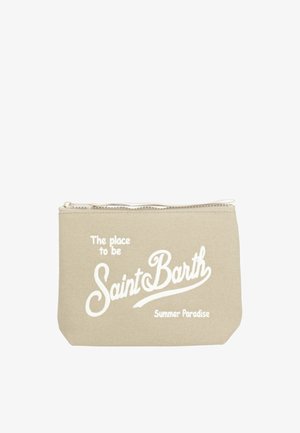 Bustina beige con zip con testo bianco sul davanti che recita "The place to be Saint Barth Summer Paradise".