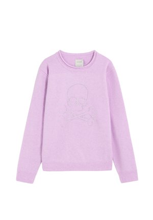 Lavender long-sleeve sweater with a round neck and a subtle skull and crossbones design on the front.