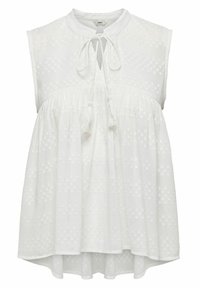 Top blanco sin mangas, con cuello alto, detalle de lazo y un patrón de lunares texturizados. Diseño acampanado con un dobladillo trasero más largo.