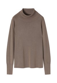 Brązowy sweter z golfem wykonany na drutach, z długimi rękawami typu raglan, prążkowanym dekoltem i gładką teksturą. Prosty fason bez wzorów i akcentów.