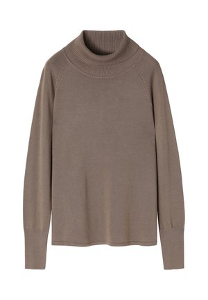 Brązowy sweter z golfem wykonany na drutach, z długimi rękawami typu raglan, prążkowanym dekoltem i gładką teksturą. Prosty fason bez wzorów i akcentów.