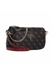 Borsa a tracolla nera con motivo, realizzata in materiale sintetico, con dettagli in catena dorata, una tracolla bordeaux e un logo triangolare sulla parte anteriore.
